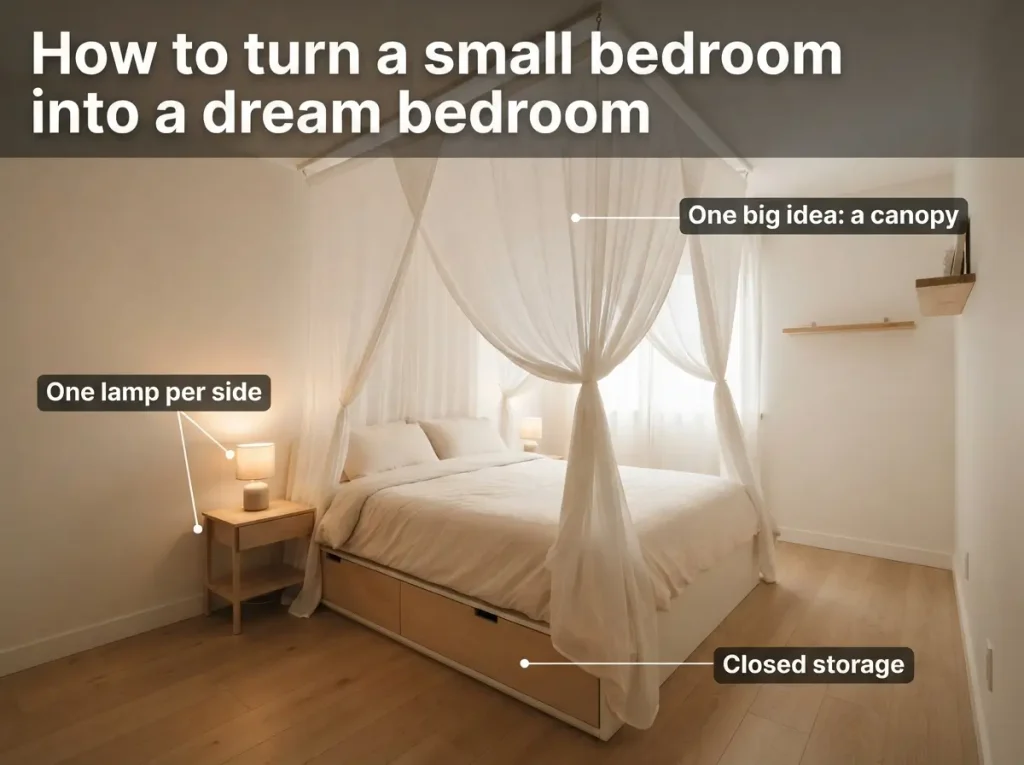 Small bedroom with a canopy bed as the one main feature and clear surfaces
