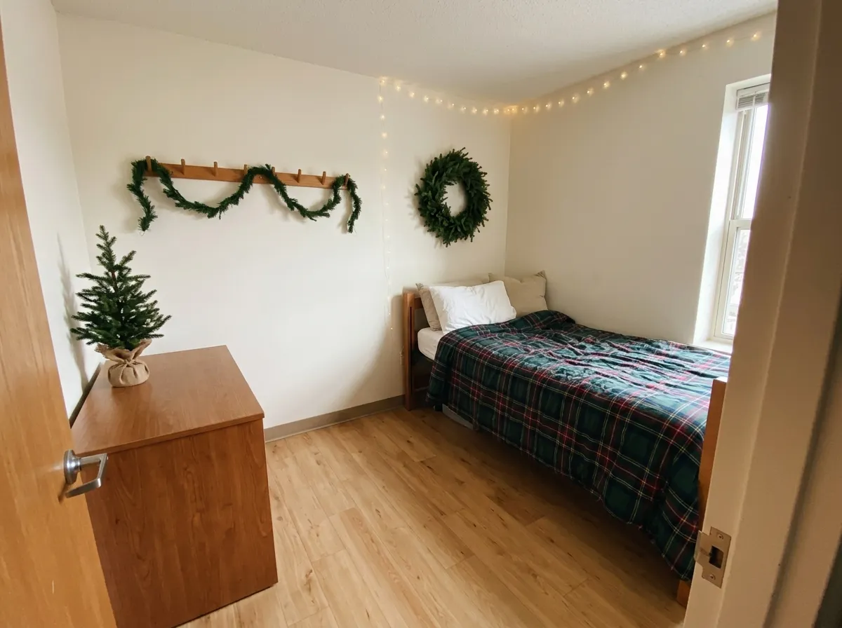 Small bedroom with a tabletop tree on a dresser, wall wreath, and battery lights along the top of the wall
