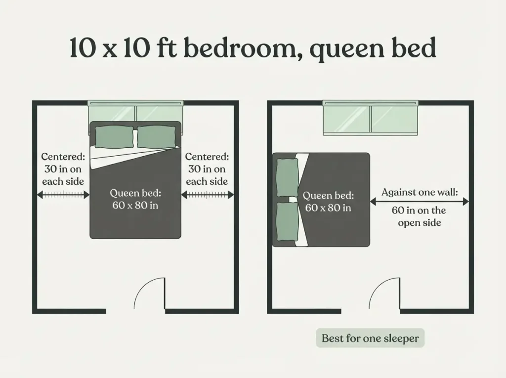 Floor plan of a 10 x 10 foot bedroom showing a centered queen bed with 30 inches each side and one pushed to a wall
