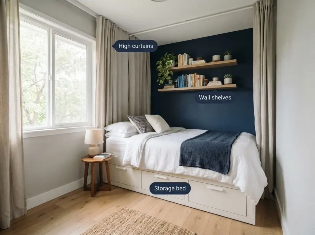 Small bedroom with high curtains, wall shelves and a storage bed to save floor space
