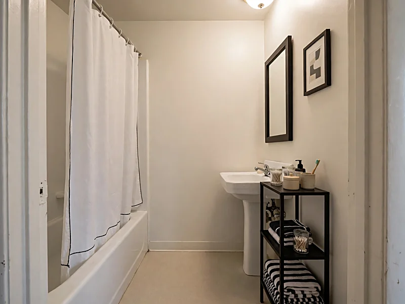 Small white bathroom refreshed with a black-trimmed shower curtain, matching towels, mirror, and wall storage.
