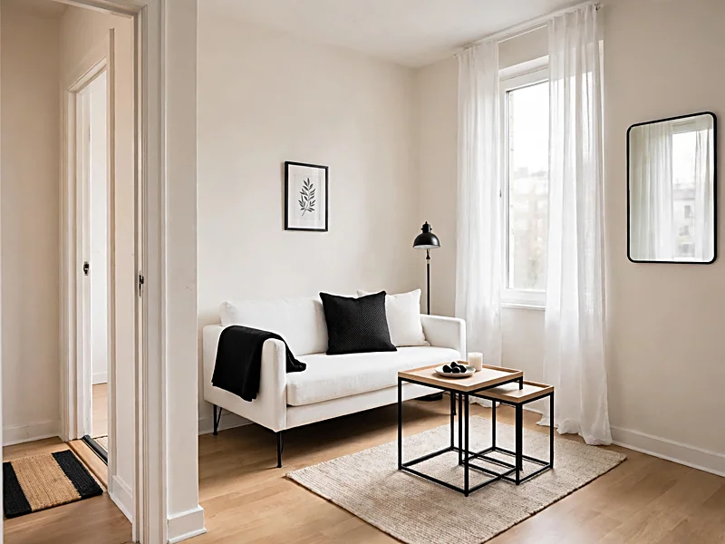 Small apartment living room with white walls, slim black furniture, nesting tables, and a light-colored sofa.