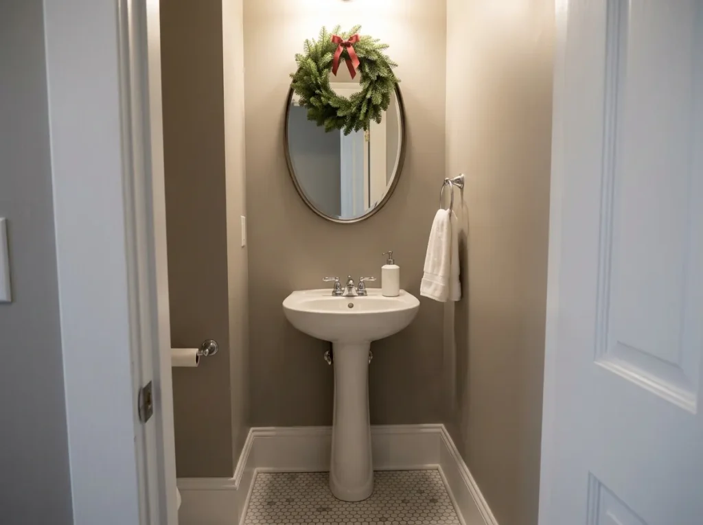 Small powder room with a Christmas wreath above a pedestal sink, white hand towels, and simple holiday accessories.