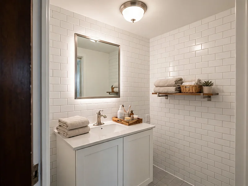 Small condo bathroom with a framed mirror, white vanity, organized toiletries, and coordinated towels.