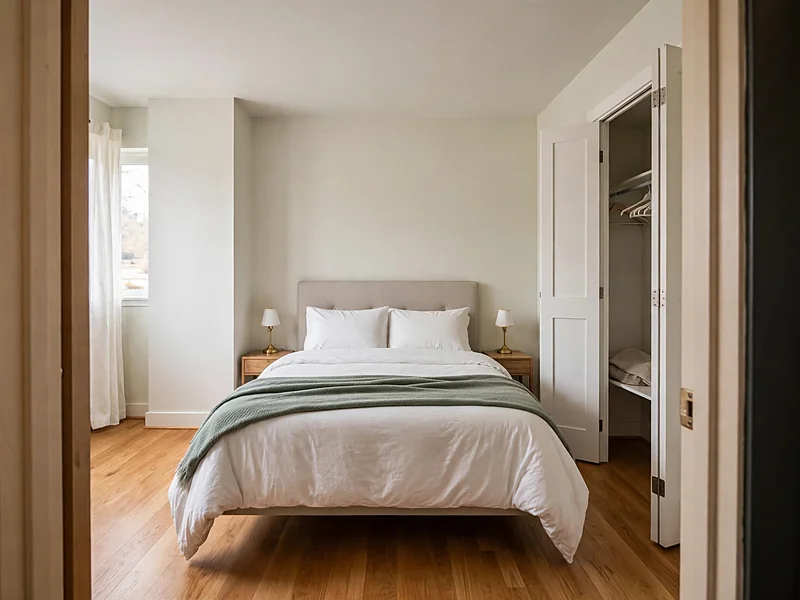Compact condo bedroom with a queen bed, narrow nightstands, and space to access the closet.