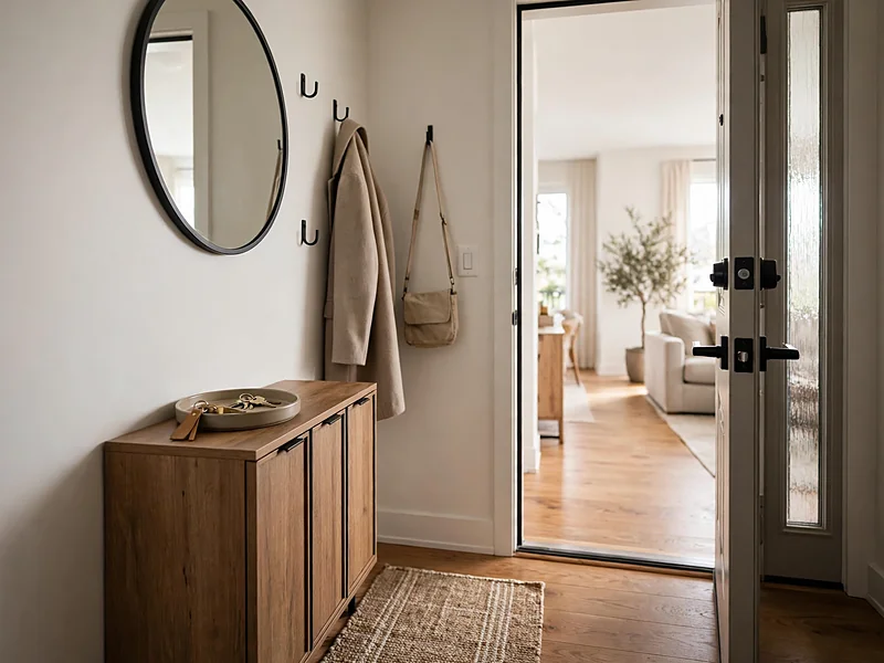 Narrow condo entryway with a slim shoe cabinet, wall hooks, round mirror, and a small tray for keys.