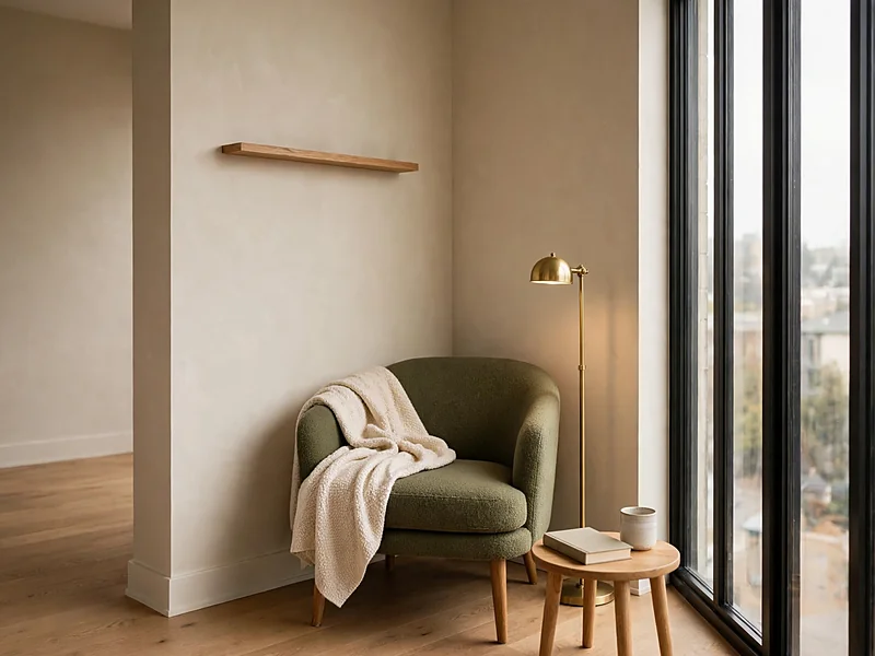 Unused condo corner arranged as a cozy reading nook with an accent chair, floor lamp, and small table.