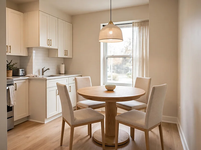 Compact condo dining area with a round oak table, four chairs, and open space for movement.