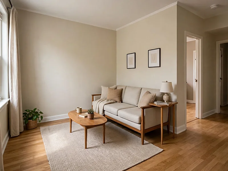 Compact condo living room with a slim-arm sofa, small coffee table, and clear floor space around the seating.