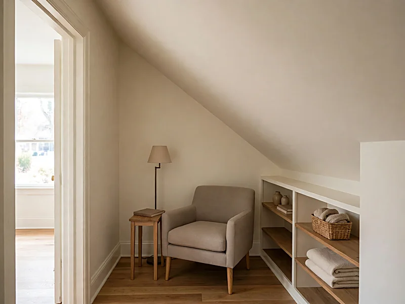 Small reading corner with an armchair, floor lamp, narrow bookshelf, and a sloped ceiling.