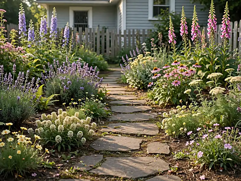 Small cottage garden with layered seasonal flowers beside a narrow stepping-stone pathway.