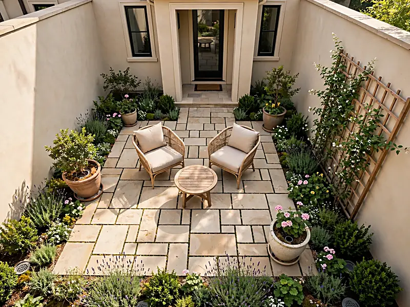 Small residential courtyard with central seating, surrounding container plants, and narrow garden beds.