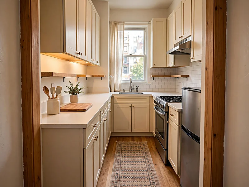Compact kitchen with clear countertops, shallow wall shelves, warm lighting, and a narrow patterned runner.