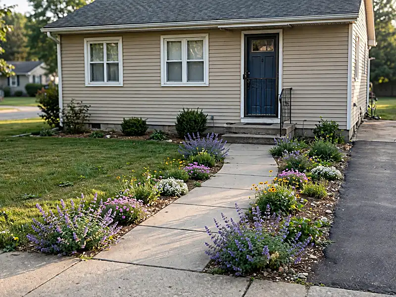 Small American front yard with colorful flower borders beside a walkway and compact shrubs near the house.