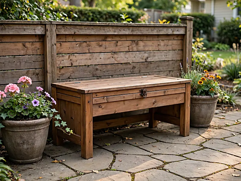 Compact wooden storage bench with flowering planters in a small paved backyard seating area.