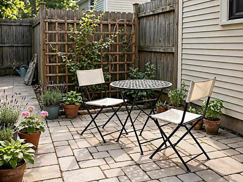 Cozy garden corner with a round bistro table, two folding chairs, potted flowers, and stone paving.