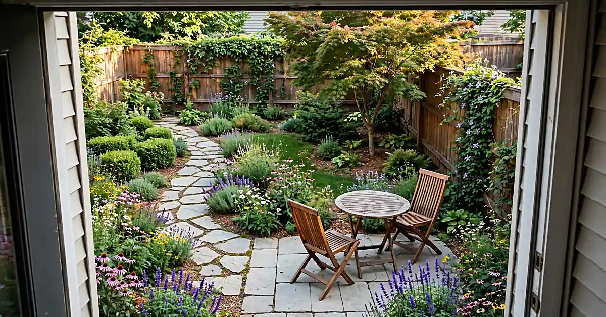 Small backyard garden with flower beds, a stone pathway, compact patio seating, and climbing plants.