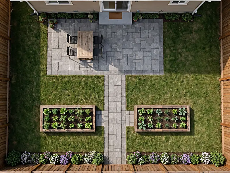 Overhead backyard layout with a compact dining patio, two vegetable beds, flower borders, and accessible paths.