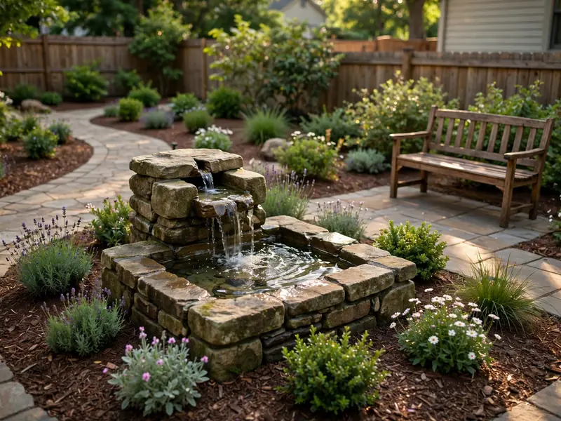 Small recirculating garden fountain surrounded by flowering plants, stone paving, and a nearby bench.