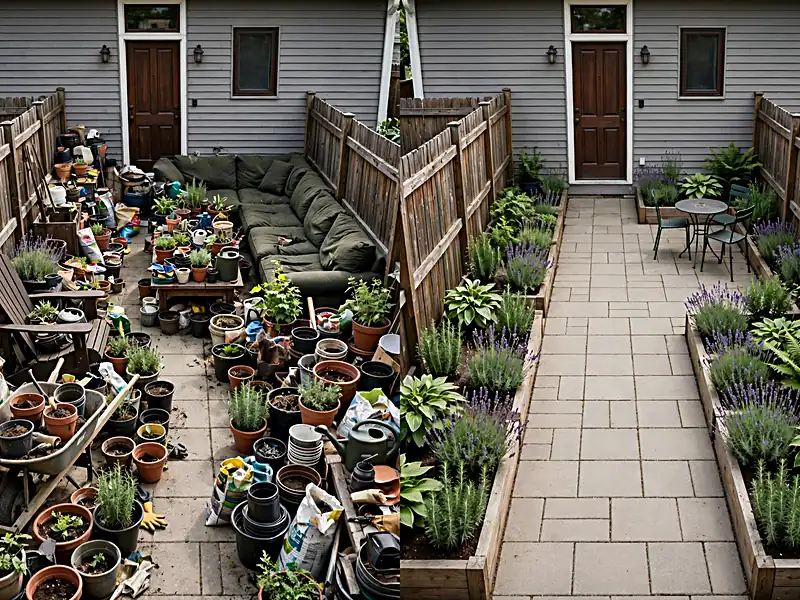 Side-by-side comparison of a crowded backyard layout and an organized garden with a clear walking path.