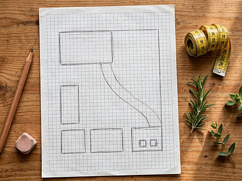Overhead view of graph paper with a hand-drawn garden layout, measuring tape, pencil, and plant notes.