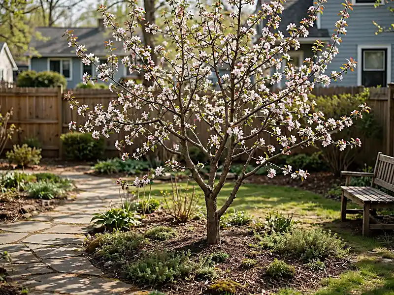 Compact flowering ornamental tree growing in a small backyard beside low planting beds and a garden bench.