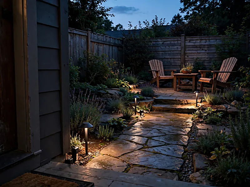 Small backyard at dusk with warm path lights illuminating stone steps, flowers, and a seating area.