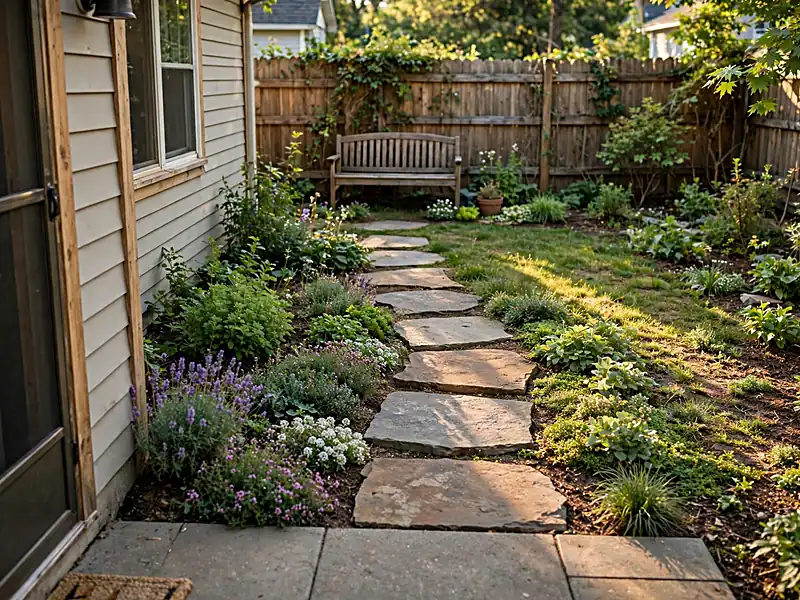 Stable stepping-stone path through a compact garden, connecting a patio with flowering beds and a wooden bench.