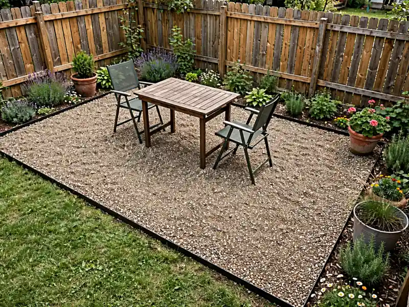 Small backyard gravel seating area with two outdoor chairs, a compact table, edging, and surrounding plants.