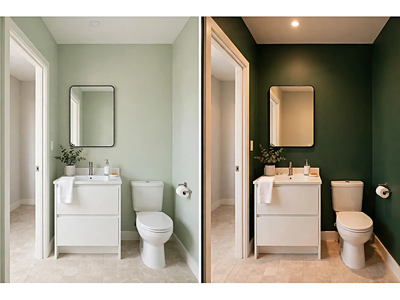 Same compact bathroom with pale sage walls on one side and dark forest green walls on the other.