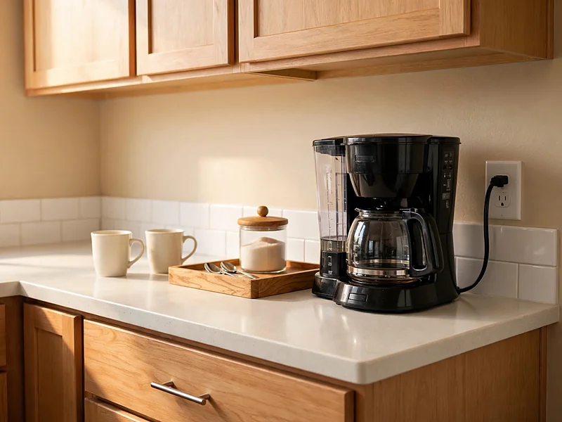 Compact kitchen coffee station with coffee maker, ceramic mugs, and organized supplies.