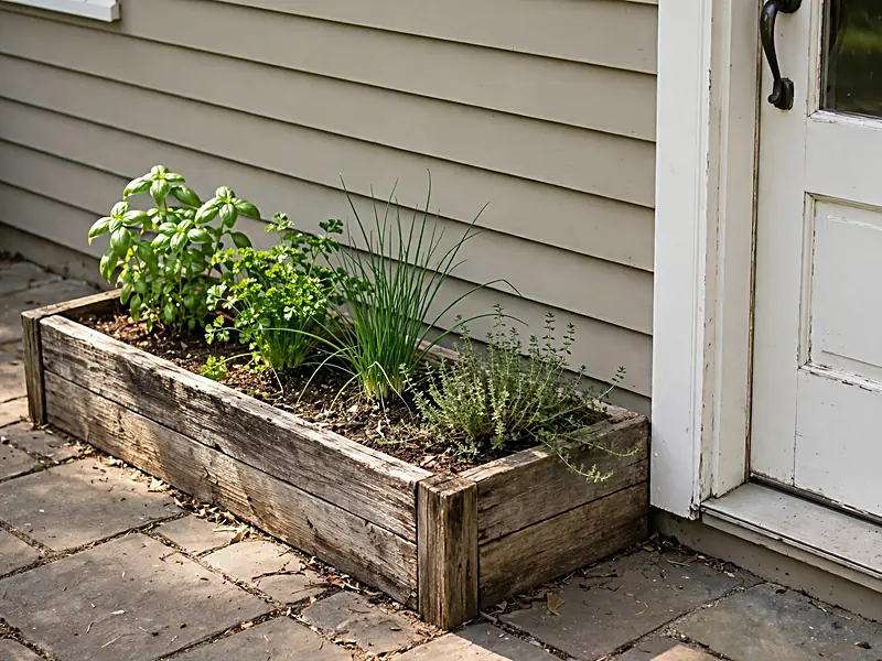 Kitchen doorway with a narrow herb planter growing basil, parsley, chives, and thyme.