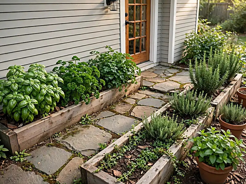 Small kitchen herb garden with basil, parsley, thyme, rosemary, and separate containers near a back door.