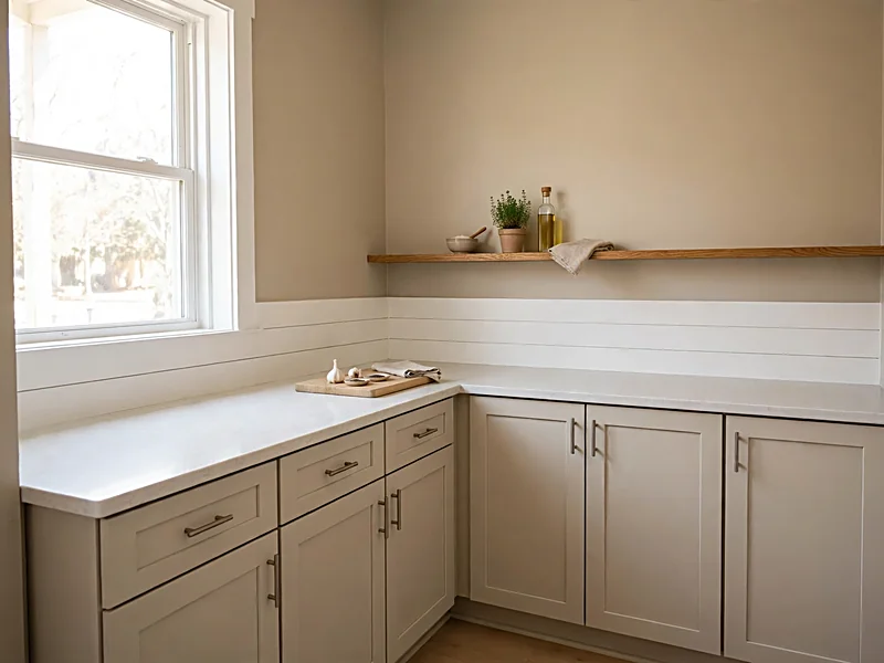Compact kitchen with a low white shiplap backsplash, light cabinets, and open shelving.