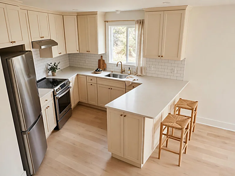Compact L-shaped kitchen with a short peninsula connected to the cabinetry and an open walking area.