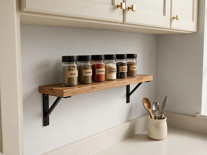 Slim wall-mounted kitchen shelf holding small spice jars above a clear countertop.