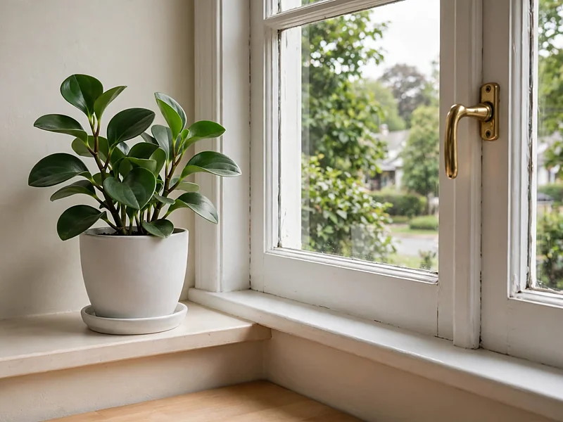 Small green houseplant in a ceramic pot on a sunny kitchen windowsill.