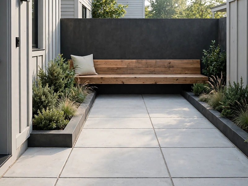 Small modern courtyard with a built-in timber bench, pale concrete paving, and narrow evergreen planting beds.