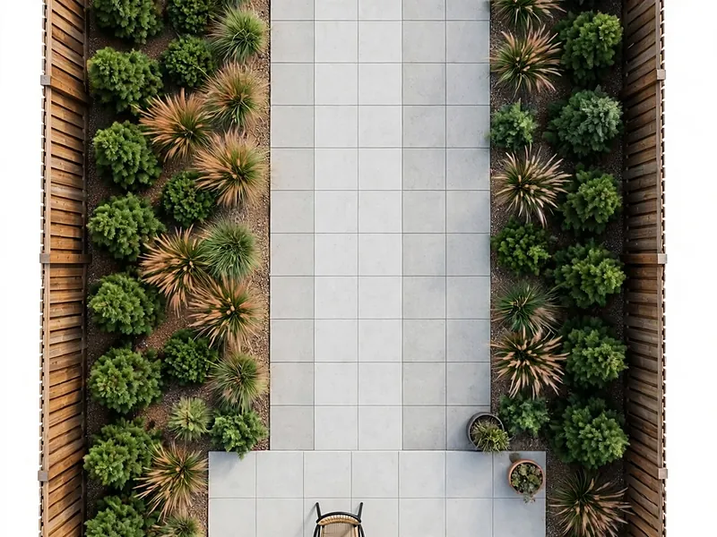 Overhead garden layout showing a small rectangular courtyard with seating, a walkway, and narrow planting beds.