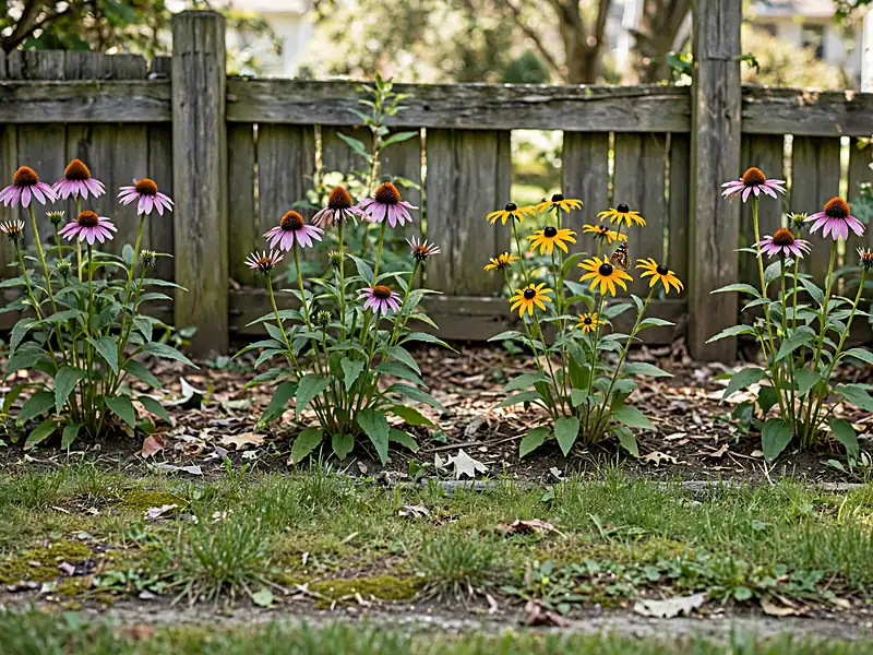 Compact flower border with coneflowers, black-eyed Susans, and a butterfly feeding on blossoms.