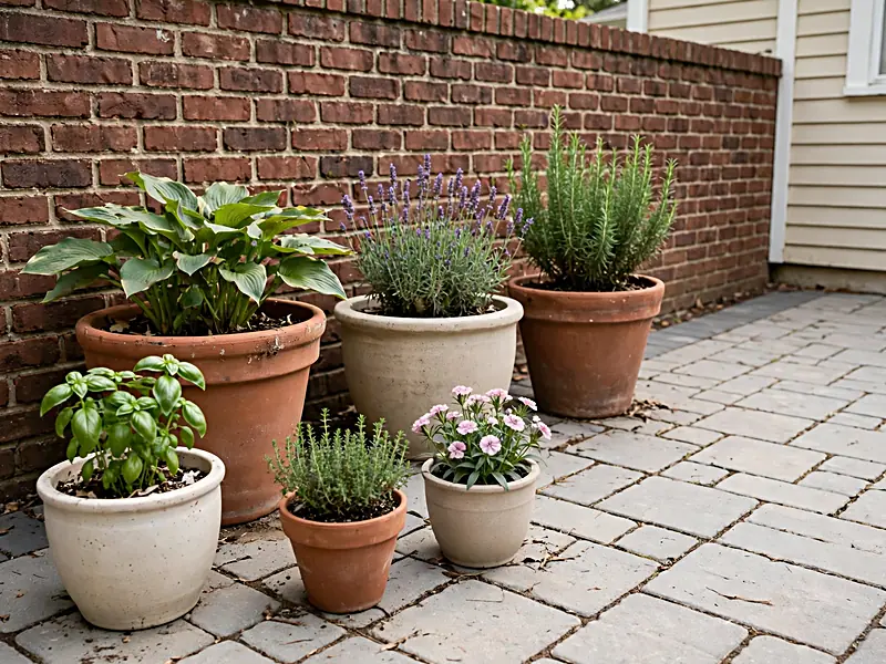 Patio wall lined with grouped terracotta planters containing flowers, herbs, and leafy plants at different heights.