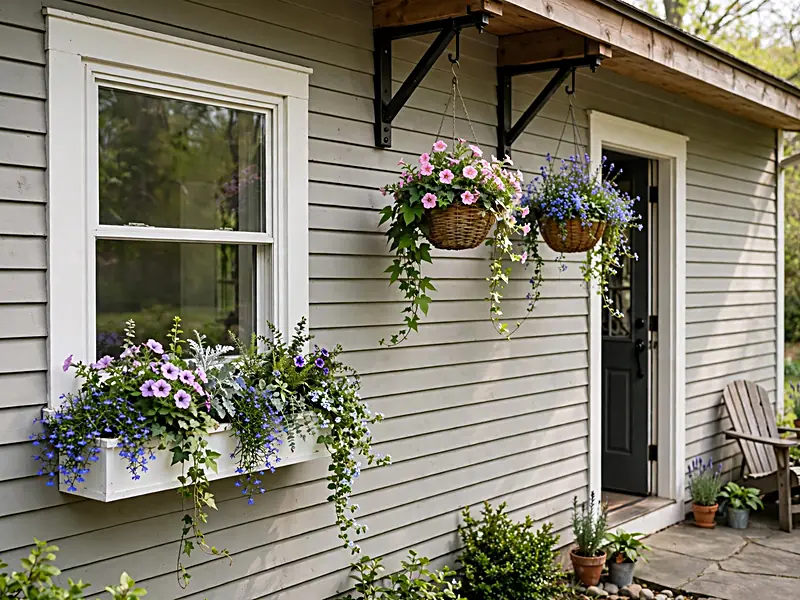 Small home patio with flowering window boxes and hanging baskets arranged above a clear walking area.
