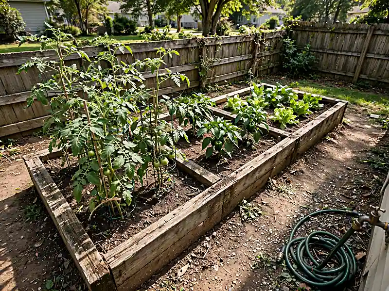 Sunny backyard raised vegetable bed growing tomatoes, peppers, and leafy greens with clear harvesting access.