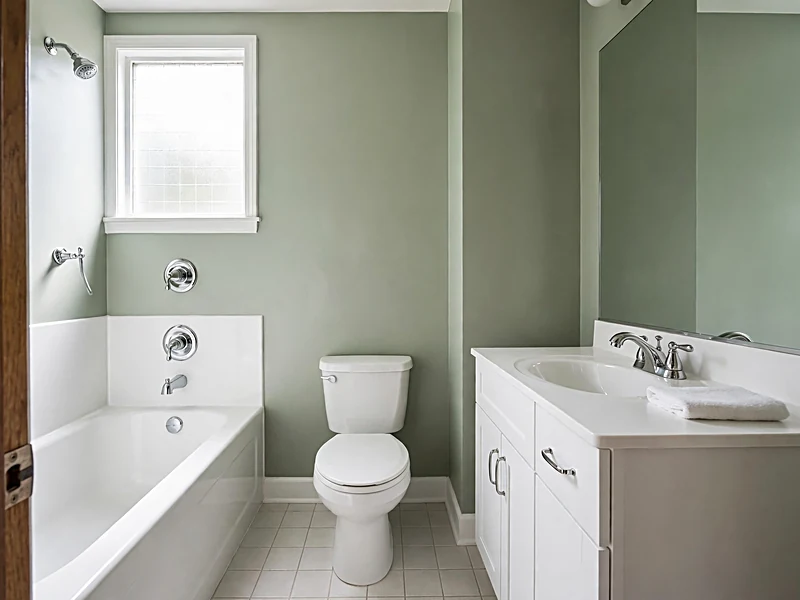 Compact bathroom with sage green walls, white toilet, small white vanity, and bright mirror lighting.