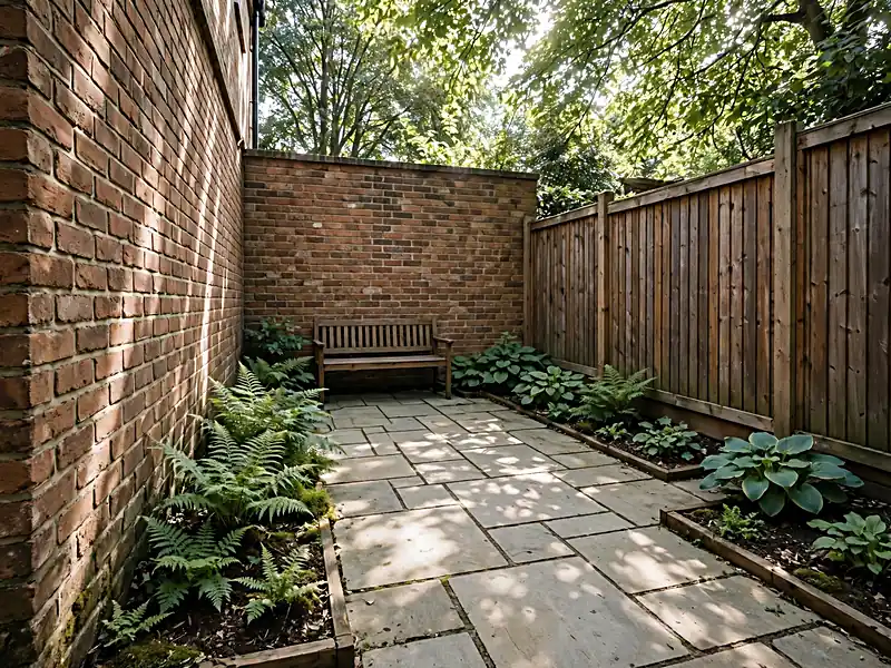 Shaded courtyard garden with ferns, hostas, pale stone paving, and a wooden bench.