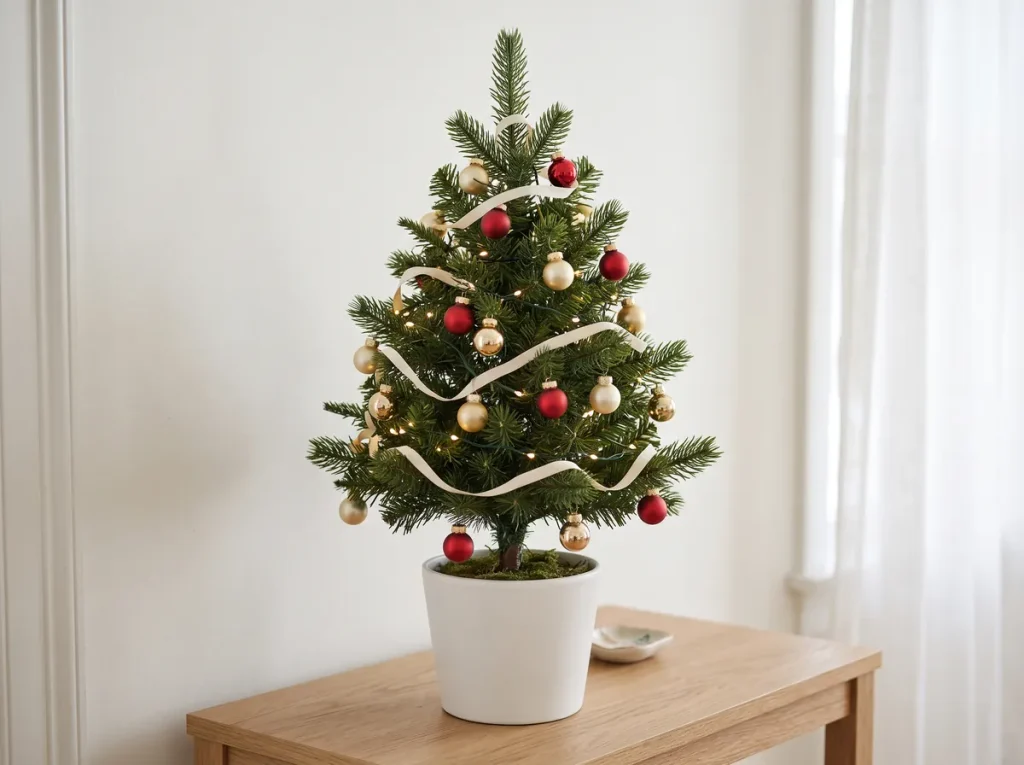 Two foot tabletop Christmas tree with small ornaments, thin ribbon, and mini lights on a console table