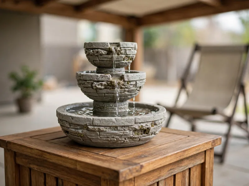 Compact tabletop stone fountain with gently flowing water on an outdoor side table.