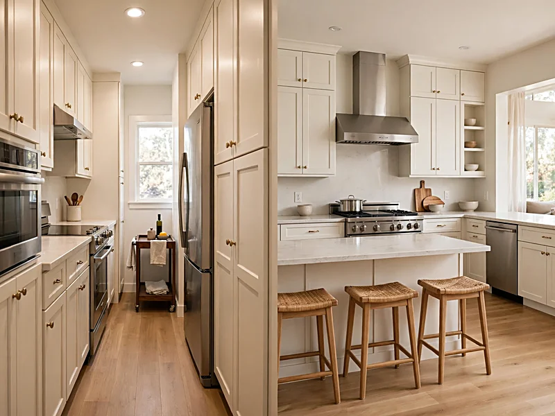 Side-by-side comparison of a compact kitchen with a rolling cart and a larger kitchen with a central island.