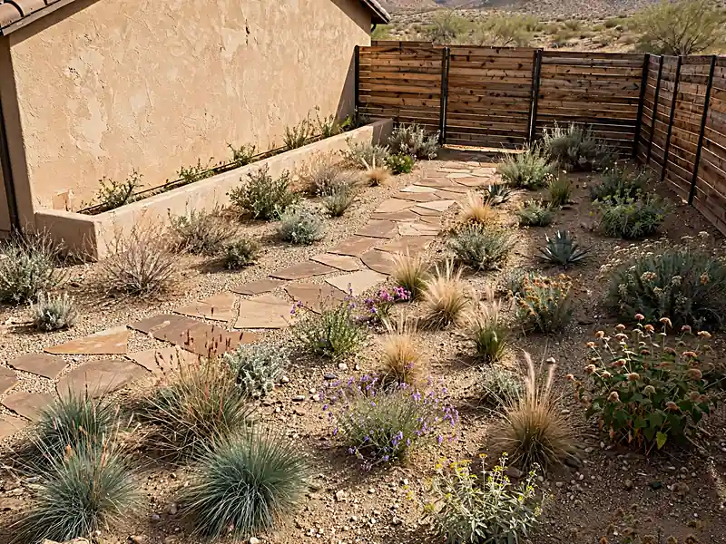 Small Southwestern backyard with drought-tolerant shrubs, flowering perennials, gravel mulch, and a clear garden path.
