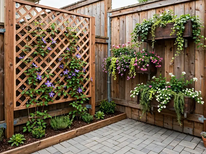 Small courtyard with a wooden trellis supporting climbing plants and mounted planters above a compact garden bed.